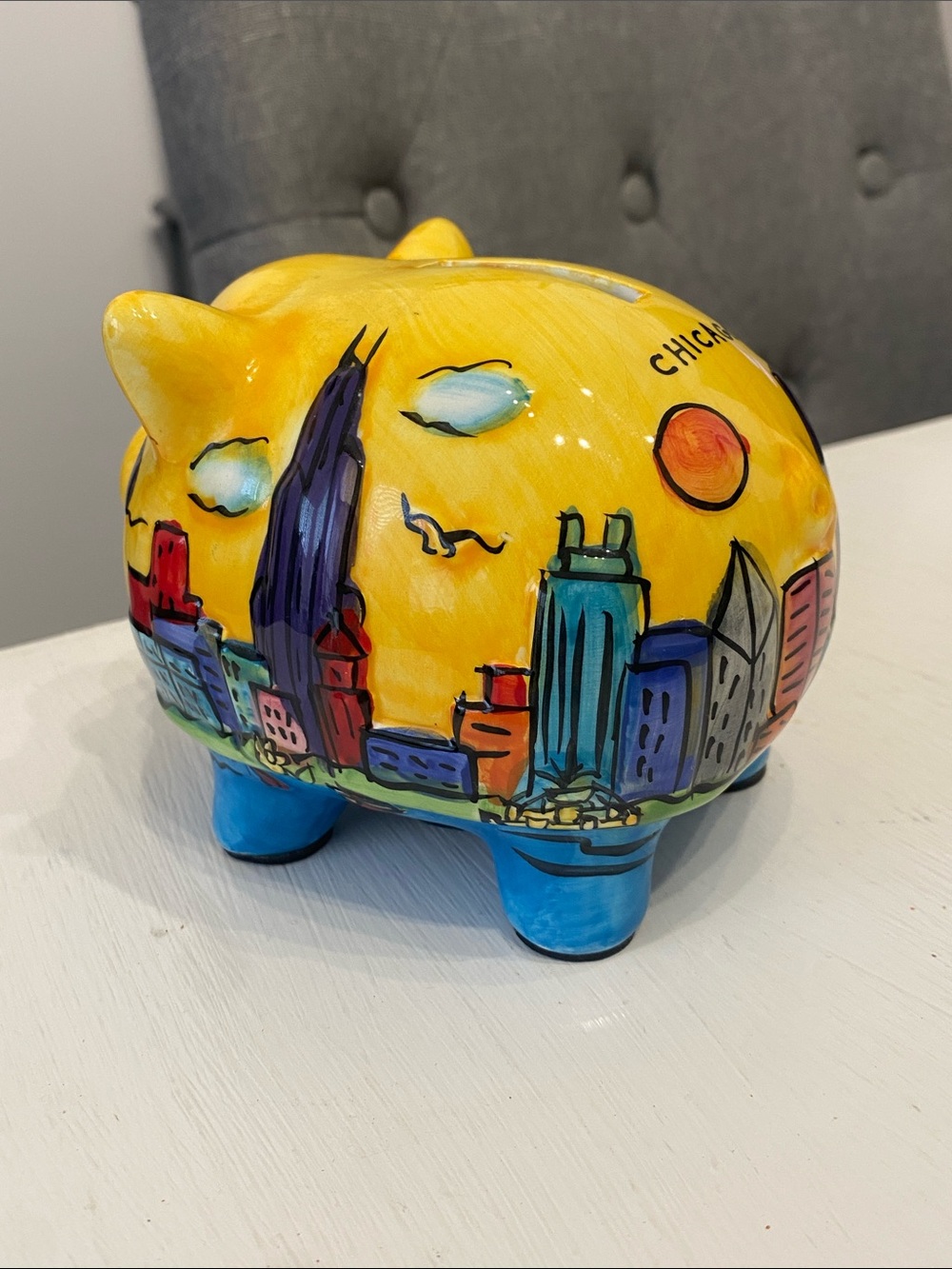 Vintage Ceramic Hand-Painted Yellow Chicago Cityscape Skyline Piggy Bank - Picture 6 of 16